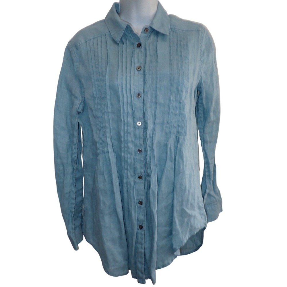 Sundance Womens XS Blue 100% Linen Pintuck Pleated Button Down Long Sleeve Shirt - Picture 1 of 5